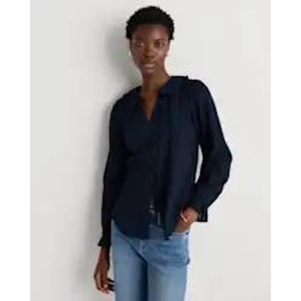 New Quince Embroidered Cotton Ruffle Collar Blouse Medium Navy Blue Long Sleeve